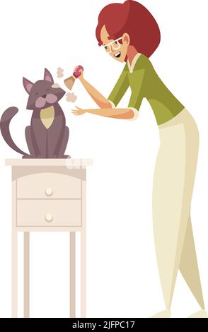 Grooming flache Zusammensetzung mit Charakter der Frau mit kosmetischen Pinsel und Katze sitzen auf Tisch Vektor-Illustration Stock Vektor