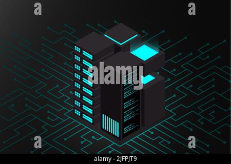 Isometrisches Rechenzentrum. 3D isometrisches Konzept Big Data Center mit Server. Kreative Vektordarstellung des Server-Rack-Raums. High-Tech-Vektor-illuu Stock Vektor