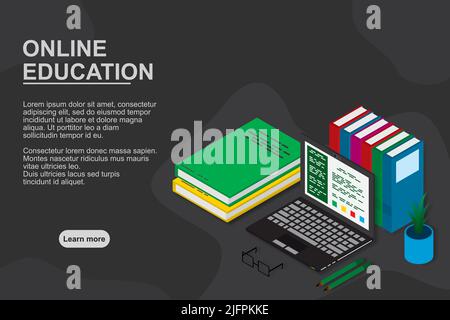 Online-Bildung, Ausbildung, Kurse, E-Learning, Fernunterricht, Prüfungsvorbereitung, Home Schooling. Hintergrund des Webbanners. Arbeitsplatz mit Laptop, b Stock Vektor