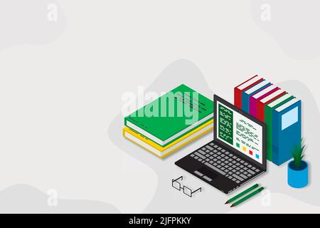 Online-Bildung, Ausbildung, Kurse, E-Learning, Fernunterricht, Prüfungsvorbereitung, Home Schooling. Hintergrund des Webbanners. Arbeitsplatz mit Laptop, b Stock Vektor