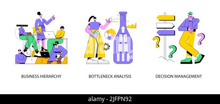 Abstraktes Konzept-Vektor-Illustrationsset des Managementsystems. Unternehmenshierarchie, Engpassanalyse, Entscheidungsmanagement, Workflow-Verbesserung, Enterprise-Analyse-Software, IT-Tool abstrakte Metapher. Stock Vektor