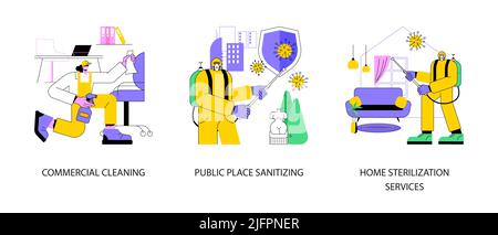 Covid19 Virus Spread Control abstraktes Konzept Vektor-Illustration-Set. Gewerbliche Reinigung, öffentliche Reinigung, Sterilisation zu Hause, persönliche Hygiene, Büroreinigung abstrakte Metapher. Stock Vektor