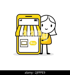 Frau, die den Online-Shop hinter einem großen Mobiltelefon wirbt. Digitales Geschäfts- und Marketingkonzept. Vektorgrafik. Stock Vektor