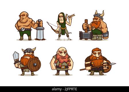 Viking Zeichentrickfiguren, alte skandinavische Krieger mit Schwert, Hammer, Bogen, Speer und hölzernen Schilden. Spiel oder Märchen Persönlichkeiten, mittelalterliche Barbaren in gehörnten Helmen, Vektor-Illustration Stock Vektor