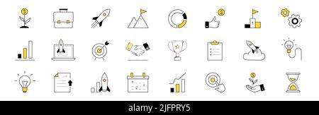 Doodle Icons Start, Projekt-Start, Business-Start-up Idee Vektor-Set. Rakete, Geldblume, Aktentasche und Berggipfel mit Flagge, Zahnrädern, Glühbirne, Kalender und Handschlag. Trophäe, Diagramm oder Diagramm Stock Vektor