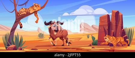 Afrikanische Savanne mit Gnus, Gepard auf Baum und Tiger. Vektor-Cartoon-Illustration von Safari-Park-Landschaft mit Sand, Pflanzen, Steinen und wilden Savannen Tiere Stock Vektor