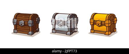 Spiel-Symbole der Schatztruhen. Vector Cartoon Satz von geschlossenen alten Holz-, Silber-und Gold-Stämme. Holz, Metall und goldene Kassen mit Schloss isoliert auf weißem Hintergrund Stock Vektor