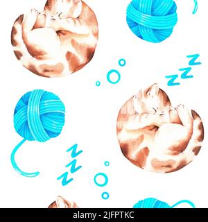 Das Kätzchen schläft mit einem Ball aus Garn. Nahtloses Muster. Aquarelldarstellung. Isoliert auf weißem Hintergrund. Für Ihr Design. Stockfoto