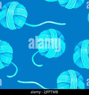 Garnknäuel. Nahtloses Muster. Aquarelldarstellung. Isoliert auf blauem Hintergrund. Für Ihr Design Grußkarten, Geschenkverpackung, Aktionen. Stockfoto