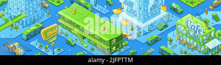 Moderner Stadtplan, isometrisches Stadtbild mit Café-, Motel- und Bürogebäuden, Baumaschinen, Autos auf Straßen und fliegenden Flugzeugen. Vektor horizontale Illustration der städtischen Architektur und Verkehr Stock Vektor