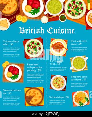 Abdeckung der britischen Küche. Sauerampfer-Sahnesuppe, Fisch- und Chips- und Hühnerkirschensalat, Schäfer-Suppe mit Lamm, Roastbeef mit yorkshire-Pudding und Ente mit Minzsauce, Steak und Nierenkuchen Stock Vektor