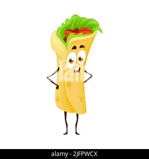 Lustige Shawarma Charakter. Vector Burrito, Roll oder Döner Kebab Fast Food. Lustige Cartoon-Persönlichkeit gefüllt mit Salat und Tomaten. Mexikanischer Tex Mex Snack mit großen Augen, lächelndem Gesicht und Armen akimbo. Stock Vektor