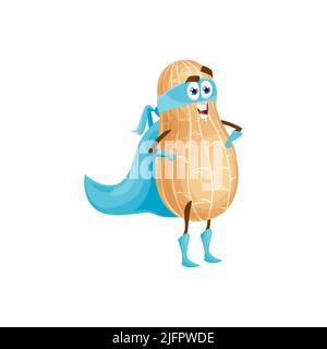 Peanut emoji emoticon isoliert Gicht Mutter Comic Comic-Figur Superheld. Vector vegetarische Lebensmittel Superfood lächelnden Helden in Gesichtsmaske und Umhang, Monkey Nuss oder Goober, Erdnussöl Zutat Stock Vektor