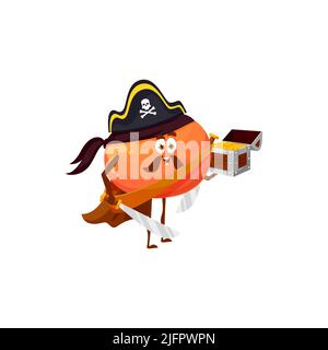Clementine Mandarine Zitrusfrüchte Pirat corsair Emoticon isoliert lustige Comic-Figur mit Schwert. Vector Mandarine in buccaneer Hut und Brust mit Gold. Exotisches Dessert mit tropischen Speisen und Schnurrbart Stock Vektor