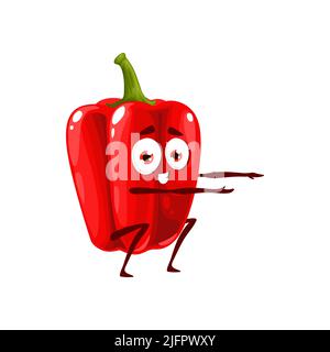 Cartoon rote Paprika Charakter, Vektor Paprika Personage Hocken. Sportmaskottchen gesunder Lebensstil, Gemüse mit lustigem Gesichts-Workout-Training, Gartenpflanze sportliche Aktivität im Fitnessstudio Stock Vektor