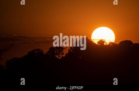 Stuttgart, Deutschland. 05.. Juli 2022. Die Sonne geht hinter Bäumen über dem Stuttgarter Talkessel auf. Quelle: Marijan Murat/dpa/Alamy Live News Stockfoto