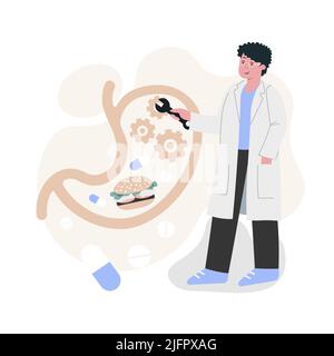 Ein männlicher Arzt repariert Ihren Magen vor dem Hintergrund der Details von Lebensmitteln und Pillen Stock Vektor