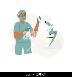 Ein Arzt mit einem Becher steht und schaut ihn vor dem Hintergrund eines Mikroskops an Stock Vektor