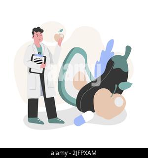 Ein Ernährungsberater steht und schaut auf einen Apfel, vor dem Hintergrund von anderem Gemüse Stock Vektor