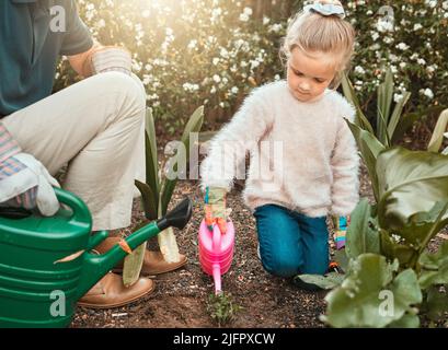 Garten, als ob Sie für immer leben werden. Aufnahme eines entzückenden kleinen Mädchens, das mit ihrem Großvater im Garten arbeitet. Stockfoto