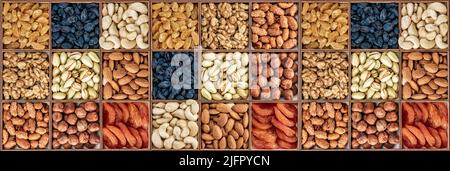 Sammlung von verschiedenen Nüssen und getrockneten Früchten. Verschiedene Nüsse Mandeln, Pistazien, Cashews, Walnuss. Organische Mischnüsse Hintergrund. Gesunde Lebensmittel, nützliche Mikro Stockfoto