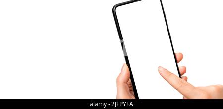 Handy-Modell. Abgeschnittene Aufnahme Draufsicht der Frau Hände mit Smartphone-Mockup auf weißem Hintergrund. Nahaufnahme Modell Telefon Stockfoto