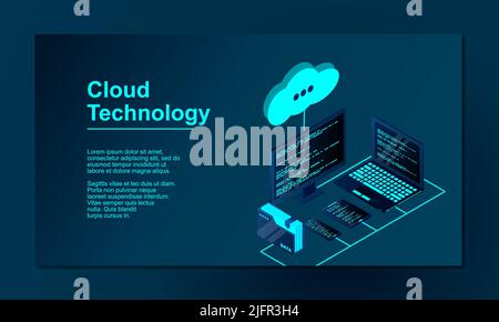 Cloud Storage 3D isometrisches Technologiekonzept. Isometrische Cloud-Technologie mit Rechenzentrum. Moderne Cloud-Technologien. Isometrische Darstellung des Vektors 3D Stock Vektor