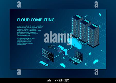 Abbildung des isometrischen Vektorkonzepts für Cloud Computing. Isometrische Cloud-Technologie mit Rechenzentrum. Server, Desktop-Computer, Laptop, Smartphone und f Stock Vektor
