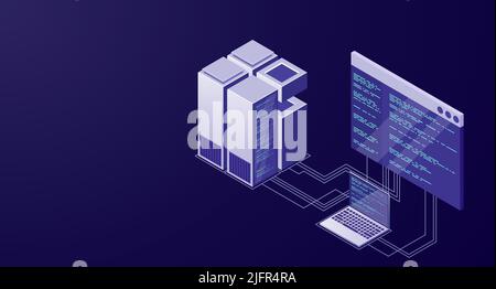 Hosting-Server- oder Rechenzentrumsraumkonzept. Isometrisches Rechenzentrum. Vektordesign für isometrische Server. Konzept des Big Data Processing Centers. Rechenzentrum Stock Vektor