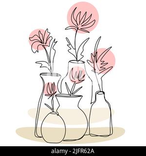 Blumen in Vasen Linie Kunst Vektor. Handgezeichnetes Set mit Blumenschmuck. Pflanzen Umriss in Vasen für Raumdekor isoliert Illustration Stock Vektor