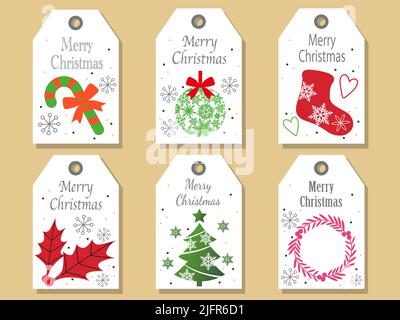 Weihnachts-Geschenkanhänger Set mit einer Vielzahl von Weihnachts-Elementen auf Einem einfachen Hintergrund isoliert. Vektorgrafik Im Flachen Stil. Stock Vektor