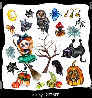 Aquarell niedlichen halloween Symbol Einzelelement set.Halloween Sammlung mit handgezeichneten Illustrationen Hexe, schwarze Katze, Rabe, Eule, Pumpkin, Spinne, Fledermaus Stockfoto