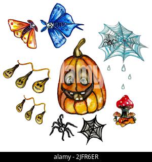 Aquarell niedlichen halloween Symbol Einzelelement set.Halloween Sammlung mit handgezeichneten Illustrationen Cartoon Pumpkin, Spinne, Web, Hawkmoth toten Kopf Stockfoto