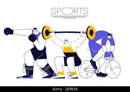 Sportbanner mit Radsportlern, Gewichtheber und Boxer auf weißem Hintergrund. Verschiedene Männer und Sportler isoliert. Flache Grafik Als Vektorgrafik Stock Vektor