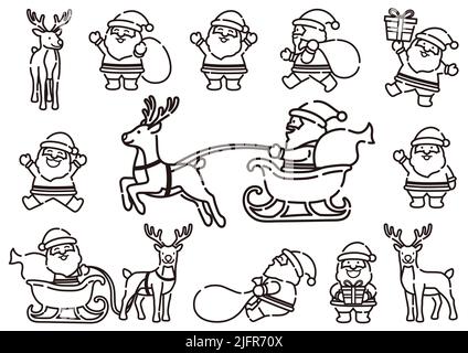 Kartoonischer Weihnachtsmann und Rentier flaches Illustrationsset isoliert auf Einem Ebenen Hintergrund. Stock Vektor