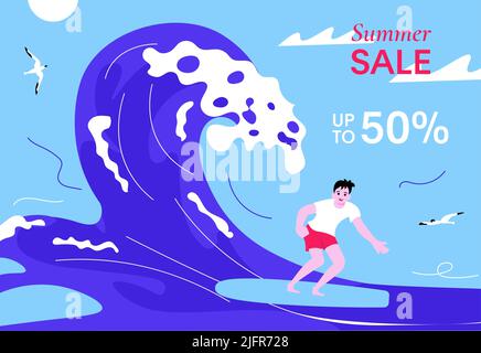 Weibliche Surferin reitet auf der barreled Rushing Wave. Super Summer Sale Helle bunte Banner. Flache Vektorgrafik Stock Vektor