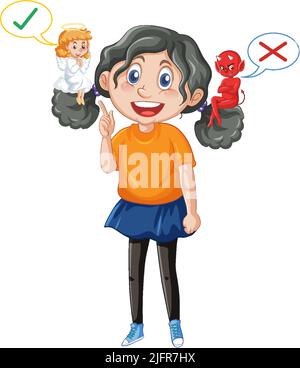 Cartoon-Figur mit Teufel und Engel kämpfen in Gedanken Illustration Stock Vektor