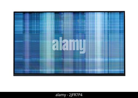Defekter LCD-Fernseher mit blauen Streifen auf weißem Hintergrund Stockfoto