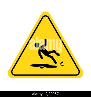 Symbol für feuchten Boden. Rutschiger Boden Warnschild mit Fall Piktogramm Mann. Warnung, Gefahr, gelbes Dreiecksschild. Vektorgrafik. Stock Vektor
