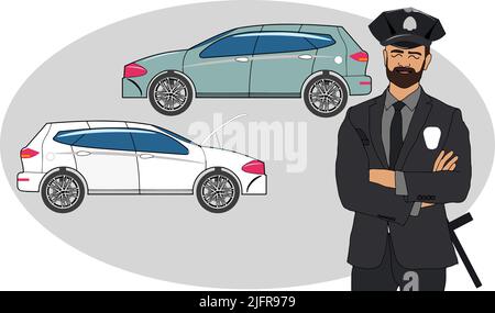 Polizist schreibt ein Ticket. Polizist in Uniform schriftlich eine Verletzung Geldstrafe an Autofahrer auf der Stadtstraße oder Parkplatz. Verkehrssicherheitskontrolle Stock Vektor