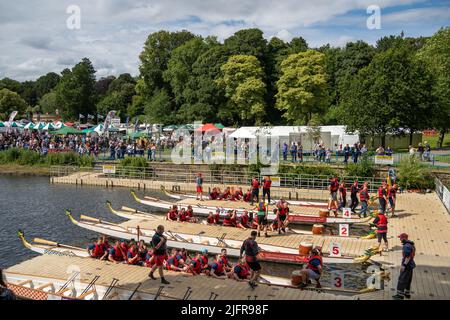 Das Bradford Dragon Boat Festival auf dem River Aire im Roberts Park, Saltaire, Bradford, Großbritannien. Stockfoto