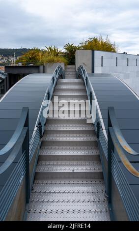 Ein enger Metallweg auf dem Dach des Museums für Moderne Kunst in Nizza, der in eine Ecke der Natur mit vielen tropischen Pflanzen führt. Stockfoto