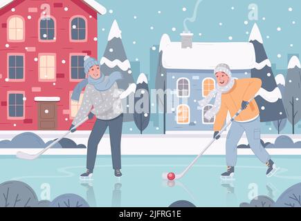 Wintersport Freizeit Aktivität Cartoon Komposition mit Outdoor-Landschaft Wohnhäuser mit Männern spielen Hockey im Freien Vektor-Illustration Stock Vektor