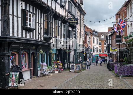 Butcher Row und The Abbots House, ein mittelalterliches Stadthaus (denkmalgeschütztes Gebäude der Klasse I), Shrewsbury Stockfoto