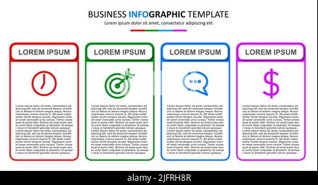 Vektor-Infografik-Vorlage mit vier Schritten oder Optionen. Vier farbenfrohe Grafikelemente. Infografik Design Layout. Geschäftskonzept-Design kann verwendet werden Stock Vektor