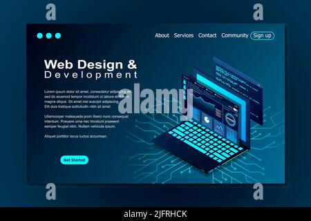 Web-Design und Entwicklung Vektor isometrische Illustrationen. Web-Design Entwicklung Konzept Programmierung Sprache Programm Code Big Data Verarbeitung auf Runde Stock Vektor