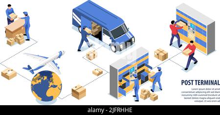 Isometrische Infografiken nach dem Terminal mit Luft- und Bodentransport zur Bereitstellung von Online-Käufen für Kunden – Vektorgrafik Stock Vektor