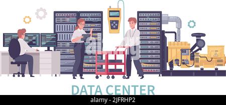 Rechenzentrum Cartoon-Komposition mit Getriebe-Symbole und Figuren der arbeitenden Techniker mit Computer-und Server-Racks Vektordarstellung Stock Vektor