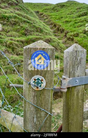 Ein Tor mit Markierungen für den Wales Coast Path und den North Wales Pilgrim Way auf der Halbinsel Llyn Stockfoto