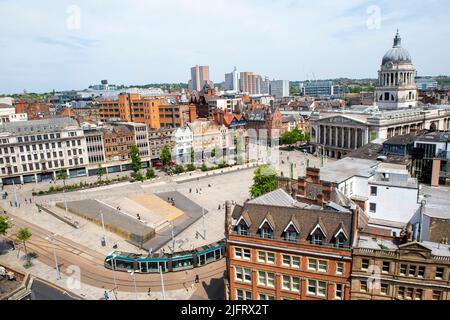 Luftaufnahme des Market Square vom Dach des Pearl Assurance Building in Nottingham City, Nottinghamshire England Stockfoto